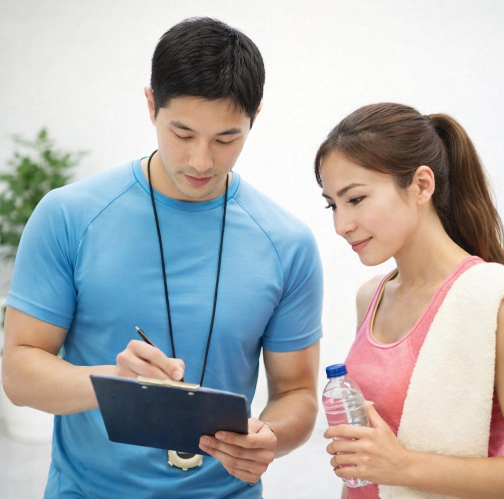 トレーナーがカウンセリングで内容を記録し、お客様が確認している様子